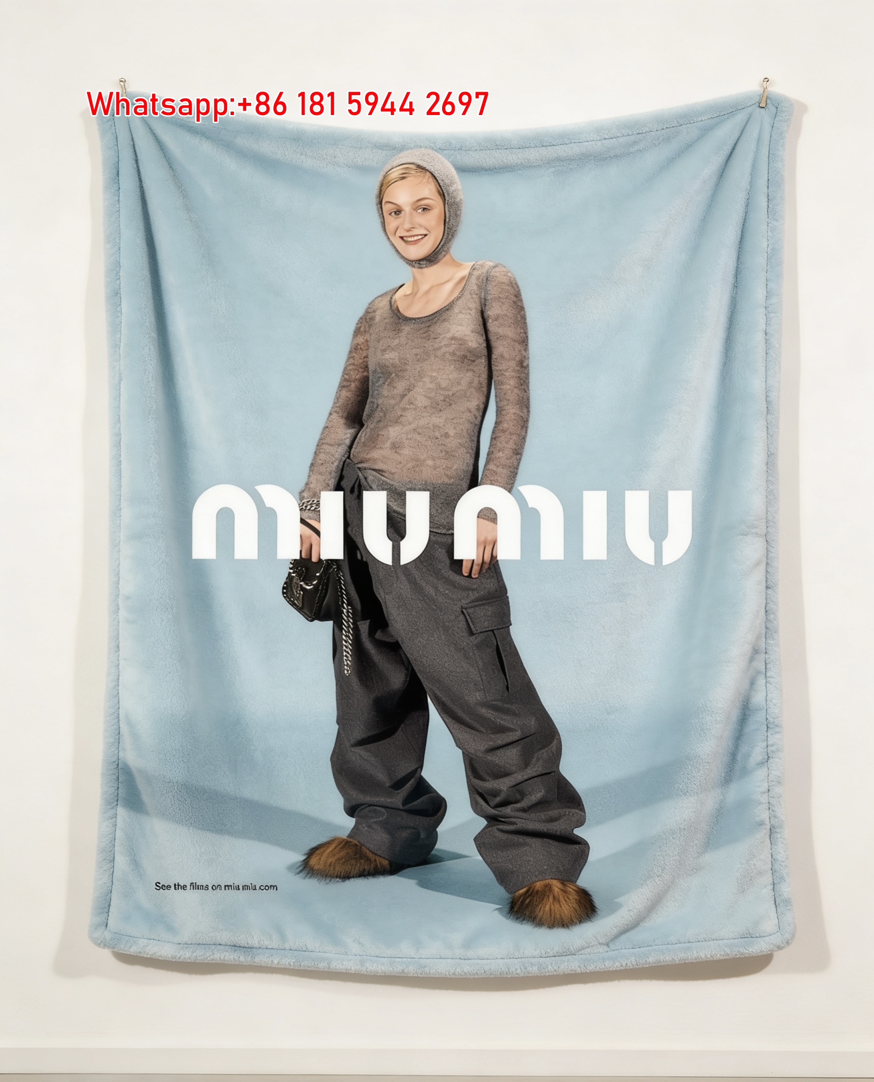 Miu Miu Baby Blue & Charcoal Gray Flannel Throw Blanket IMG_0606